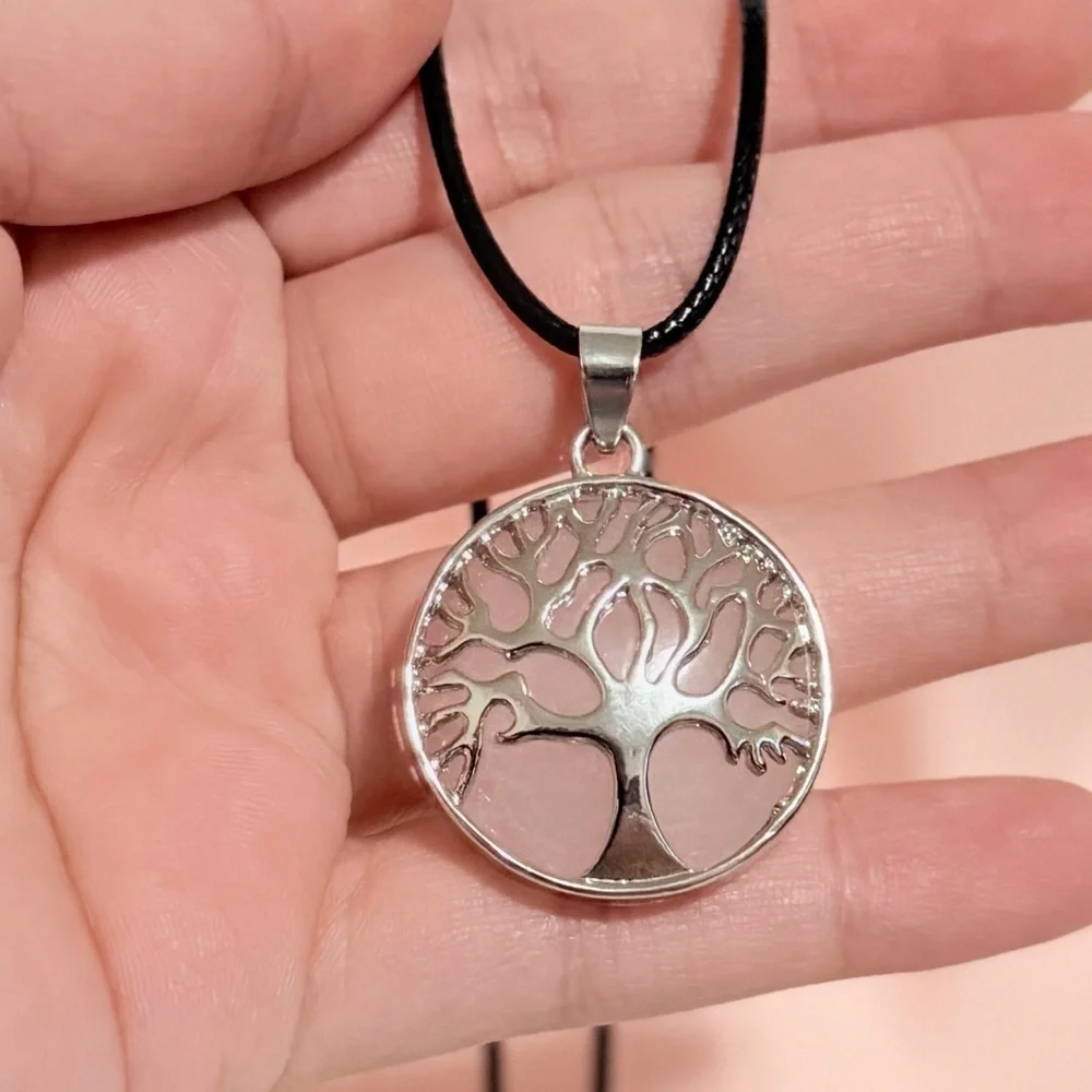Silver Pink Tree Off Life Pendant Necklace.